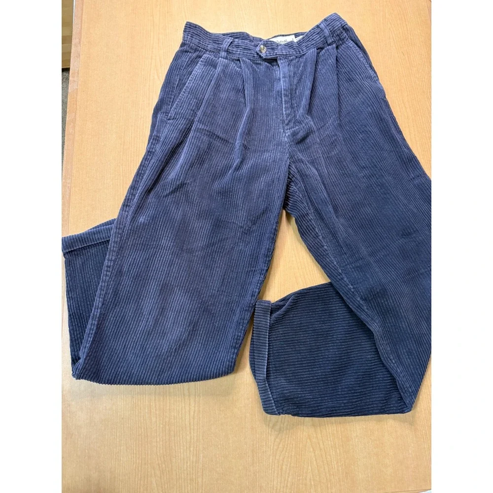Eddie Bauer Mens Navy Blue Wide Wale Corduroy Pleated Pants 31x30 Vintage Style